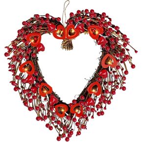 17" Valentines Day Wreaths for Front Door Artificial Red Berries Heart Shaped Wreath with 10 Wooden Heart Lights Valentine's Day Wreath for Wedding Anniversary Party Candlelight Dinner Decorations