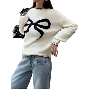 Women's Bow Graphic Knitted Sweater Crew Neck Long Sleeve Colorblock Pullover Knitwear