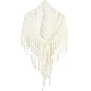Verdusa Women's Fringe Shrug Pashmina Shawl Front Warp Cardigan Hollow Out Knitted Shawl Wraps