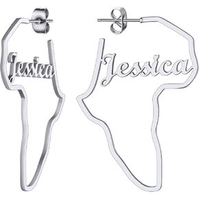 GoldChic Jewelry African Earrings for Women, Gold Africa Map Earring with Custom Name, Platinum/Black Minimalist Ethnic Style Dangle Drop Statement Ear Jewelry with Gift Box
