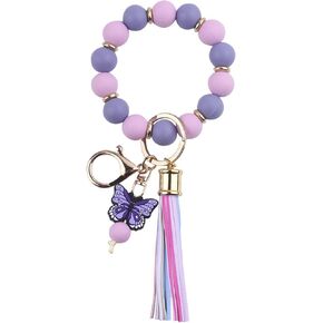 Butterfly Keychain Bracelet for Women,Leather PU Tassel Wrist Bangle Pendant Keyring,Silicone Beaded Wristlet Key Chains in Saudi Arabia