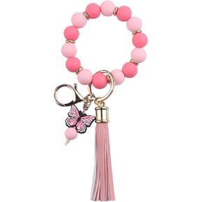 Butterfly Keychain Bracelet for Women,Leather PU Tassel Wrist Bangle Pendant Keyring,Silicone Beaded Wristlet Key Chains