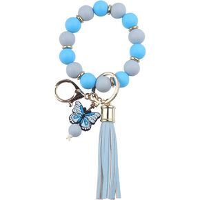 Butterfly Keychain Bracelet for Women,Leather PU Tassel Wrist Bangle Pendant Keyring,Silicone Beaded Wristlet Key Chains