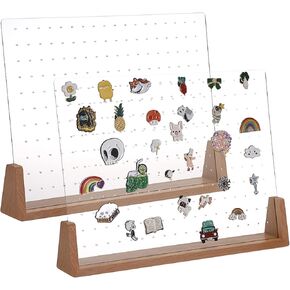 JUXYES Pack of 2 Clear Acrylic Enamel Pin Display Stand with Walnut Base, Tabletop Pin Organizer Display Storage Stand, Enamel Pin Display Holder for Award Badges Pins Collectible