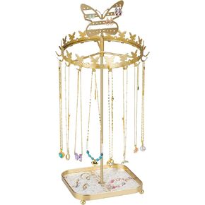 NiHome Butterfly Rotating Jewelry Organizer with 18 Hooks, 26 Earring Holes and Jewelry Tray, Space-Saving Necklace & Earring Holder for Organizing and Displaying Jewelry at Home or in Stores (Gold)