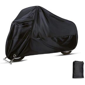 1 PC Motorcycle Cover with Lock-Holes, Waterproof Outdoor Motorbike Full Cover Accessories with Storage Bag, Universal Foldable Durable Motorcycle Protective Cover Replacement (Black)