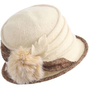 Vintage Women Floral Wool Dress Cloche Winter Hat 1920s