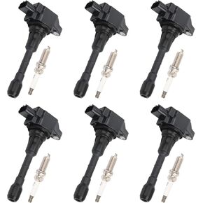 MAYASAF Spark Plug and Ignition Coil Kit UF550 6 Pairs Compatible for Nissan 09-18 Altima/Maxima/Murano, for Pathfinder/Quest/350Z, for Infiniti EX35/FX35/G25/G35/JX35/M35(h)/Q50/Q70/QX60