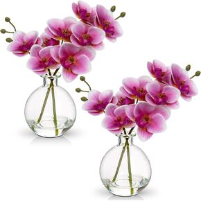 White Orchids Artificial Flowers Faux Orchid Arrangement with Black Glass Vase Set of 2 Real Touch Phalaenopsis Orchid Flowers Orchid Centerpiece for Dining Room Table