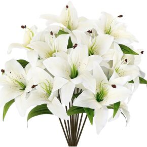 Riceshoot 12 Pcs Artificial Tiger Lily Flowers Real Touch Easter Lily White Latex Fake Lily Bouquet Faux Flowers for Easter Indoor Home Table Office Wedding Decoration