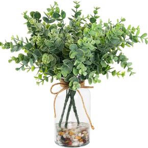 Q&High Life Artificial Eucalyptus Stems Leaves in Glass Vase with Faux Water and Real Stones, 14.5" Fake Greenery Pant in Vase for Office Table Centerpiece Home Farmhouse Wedding Decor