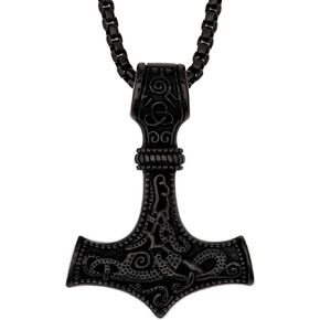 HAQUIL Viking Mjolnir Necklace, Black Plated Stainless Steel Mammen Thor's Hammer Pendant, Box Chain, Viking Jewelry Gift