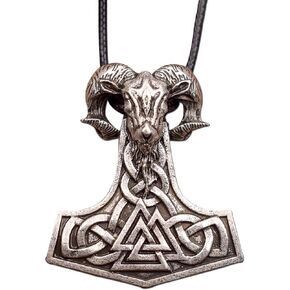 HAQUIL Mjolnir Necklace, Viking Goat Head Valknut Thor's Hammer Pendant, Faux Leather Cord, Viking Jewelry Gift (AD)