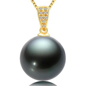 18K Gold Natural Black Pearl Pendant Necklace Pendant with Diamond 10-11mm Genuine Tahitian Cultured Round Pearls Jewelry Gifts for Women with 18" Silver Chain