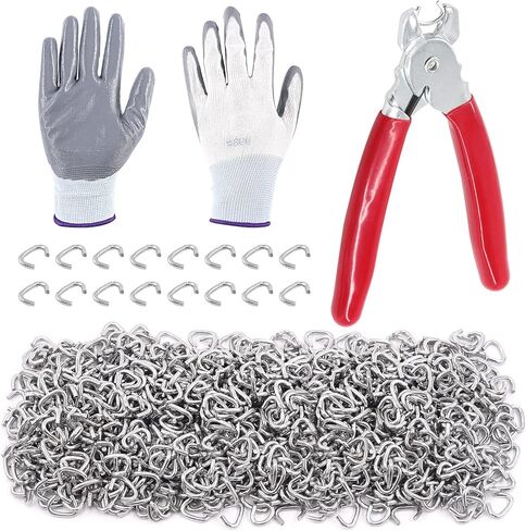 1003Pcs 3/8" Heavy Duty Galvanized Hog Rings with Straight Hog Ring Pliers Kit, Professional Upholstery Hog Rings and Protective Gloves Installation Kit for Bungee Shock, Cords, Pet Cages, Bags in Kuwait