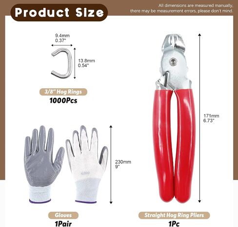 1003Pcs 3/8" Heavy Duty Galvanized Hog Rings with Straight Hog Ring Pliers Kit, Professional Upholstery Hog Rings and Protective Gloves Installation Kit for Bungee Shock, Cords, Pet Cages, Bags in Kuwait