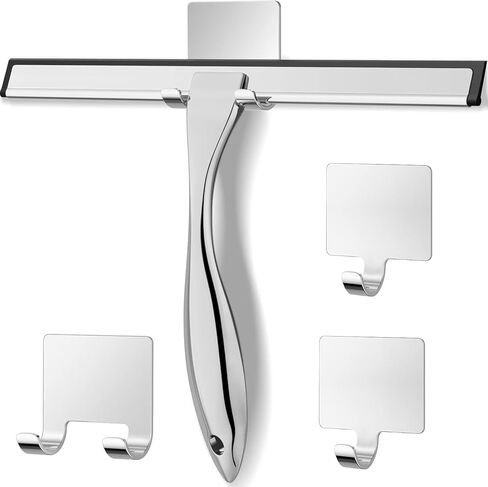 ممسحة دش للباب الزجاجي مع 3 خطاف لاصق، ممسحة تنظيف زجاج النوافذ المنزلية والزجاج من الفولاذ المقاوم للصدأ للحمام والمرايا والبلاط والسيارة، 10 بوصات، شفاف، أسود in Kuwait