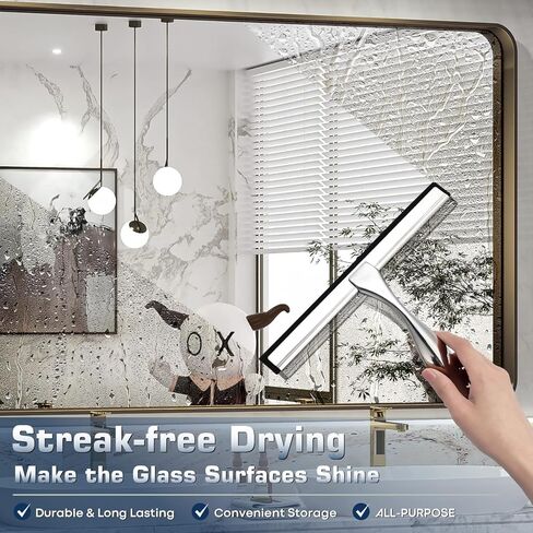 ممسحة دش للباب الزجاجي مع 3 خطاف لاصق، ممسحة تنظيف زجاج النوافذ المنزلية والزجاج من الفولاذ المقاوم للصدأ للحمام والمرايا والبلاط والسيارة، 10 بوصات، شفاف، أسود in Kuwait