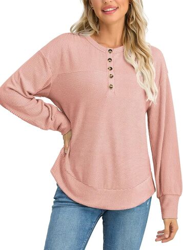 HWOKEFEIYU Long Sleeve Henley Shirts Button Top Casual Ribbed Knit V Neck Tunics Curved Split Hem Loose Work Blouse in Saudi Arabia