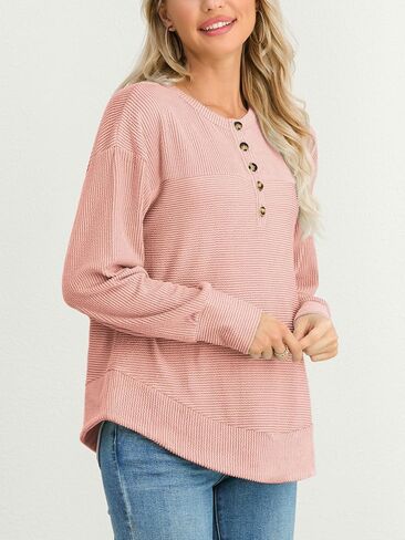 HWOKEFEIYU Long Sleeve Henley Shirts Button Top Casual Ribbed Knit V Neck Tunics Curved Split Hem Loose Work Blouse in Saudi Arabia