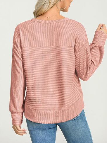 HWOKEFEIYU Long Sleeve Henley Shirts Button Top Casual Ribbed Knit V Neck Tunics Curved Split Hem Loose Work Blouse in Saudi Arabia