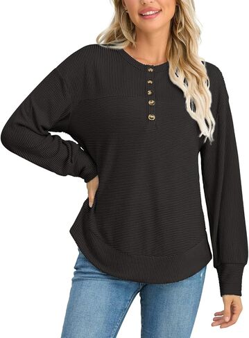 HWOKEFEIYU Long Sleeve Henley Shirts Button Top Casual Ribbed Knit V Neck Tunics Curved Split Hem Loose Work Blouse in Saudi Arabia