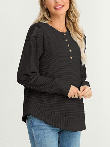 HWOKEFEIYU Long Sleeve Henley Shirts Button Top Casual Ribbed Knit V Neck Tunics Curved Split Hem Loose Work Blouse in Saudi Arabia