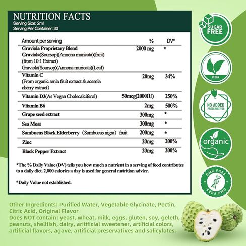 Soursop Graviola Liquid Drops, Soursop Extract Multivitamin Drops w. Sea Moss, Grape Seed, Super Concentrated Unrefined Soursop Oil Organic for Skin Immune Boost Detox, Soursop Bitters Liquid 2 Fl/Oz in Saudi Arabia