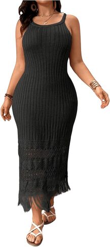 MakeMeChic Women's Plus Size Cami Long Dress Ribbed Knit Sleeveless Maxi Dress Split Side Fringe Trim Boho Bodycon Dresses in Saudi Arabia