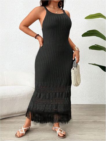 MakeMeChic Women's Plus Size Cami Long Dress Ribbed Knit Sleeveless Maxi Dress Split Side Fringe Trim Boho Bodycon Dresses in Saudi Arabia