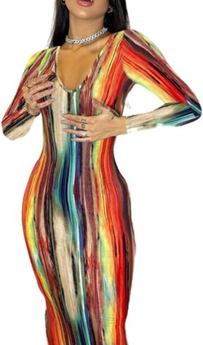 Women's Bodycon Long Sleeve Maxi Dress V Neck Club Wear Clothing for Women Sexy in Saudi Arabia