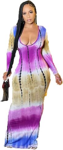 Women's Bodycon Long Sleeve Maxi Dress V Neck Club Wear Clothing for Women Sexy in Saudi Arabia