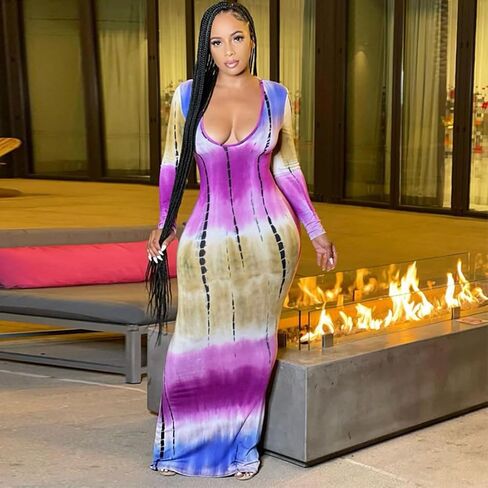 Women's Bodycon Long Sleeve Maxi Dress V Neck Club Wear Clothing for Women Sexy in Saudi Arabia