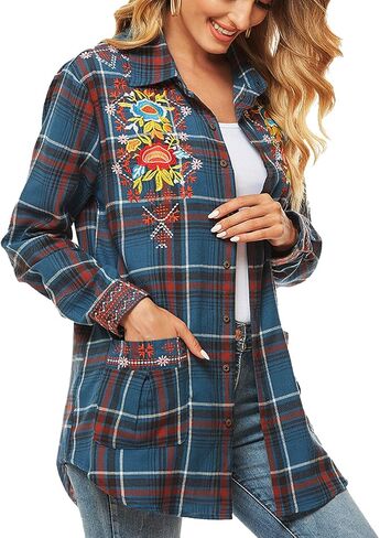 Higustar Women's Flannels Shirt Mexican Embroidered Bohemian Floral Tops CottonTunics Plaid Blouses with Pockets for Women in Saudi Arabia