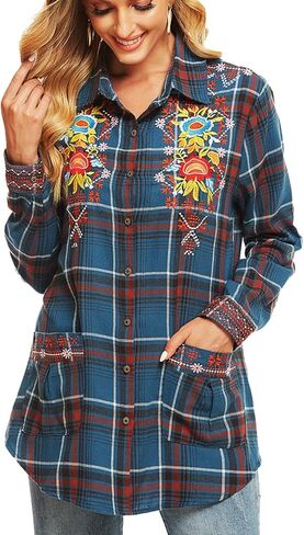 Higustar Women's Flannels Shirt Mexican Embroidered Bohemian Floral Tops CottonTunics Plaid Blouses with Pockets for Women in Saudi Arabia