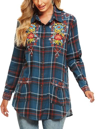 Higustar Women's Flannels Shirt Mexican Embroidered Bohemian Floral Tops CottonTunics Plaid Blouses with Pockets for Women in Saudi Arabia