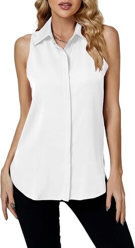 LYANER Women's Casual Collar Sleeveless Button Down Tank Top Blouse Shirt in Saudi Arabia