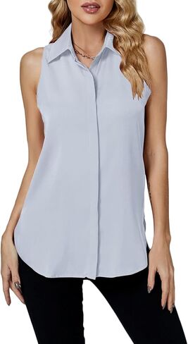 LYANER Women's Casual Collar Sleeveless Button Down Tank Top Blouse Shirt in Saudi Arabia