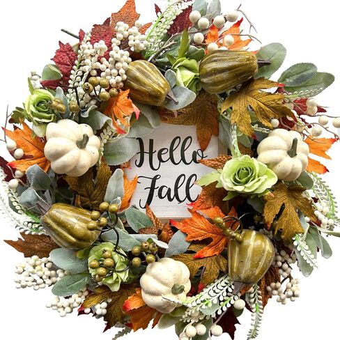 bibelot مرحبا الخريف اكليلا من الزهور 22 '' الخريف الباب الأمامي اكليلا من الزهور، اكليلا من الزهور الحصاد مع مجموعة اليقطين المختلفة من التوت أوراق القيقب مخاريط الصنوبر للجدار الداخلي الخارجي عيد الشكر الخريف الخريف ديكور in Kuwait