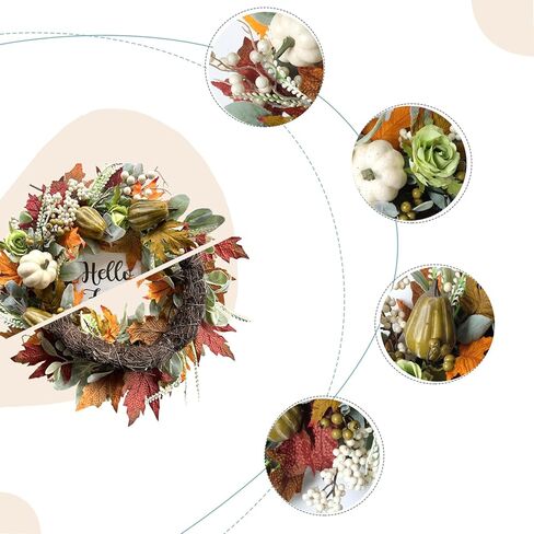 bibelot مرحبا الخريف اكليلا من الزهور 22 '' الخريف الباب الأمامي اكليلا من الزهور، اكليلا من الزهور الحصاد مع مجموعة اليقطين المختلفة من التوت أوراق القيقب مخاريط الصنوبر للجدار الداخلي الخارجي عيد الشكر الخريف الخريف ديكور in Kuwait