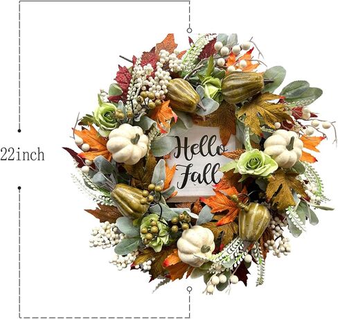 bibelot مرحبا الخريف اكليلا من الزهور 22 '' الخريف الباب الأمامي اكليلا من الزهور، اكليلا من الزهور الحصاد مع مجموعة اليقطين المختلفة من التوت أوراق القيقب مخاريط الصنوبر للجدار الداخلي الخارجي عيد الشكر الخريف الخريف ديكور in Kuwait