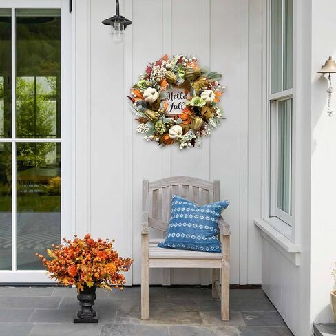 bibelot مرحبا الخريف اكليلا من الزهور 22 '' الخريف الباب الأمامي اكليلا من الزهور، اكليلا من الزهور الحصاد مع مجموعة اليقطين المختلفة من التوت أوراق القيقب مخاريط الصنوبر للجدار الداخلي الخارجي عيد الشكر الخريف الخريف ديكور in Kuwait