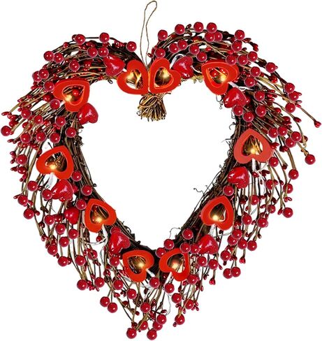 17" Valentines Day Wreaths for Front Door Artificial Red Berries Heart Shaped Wreath with 10 Wooden Heart Lights Valentine's Day Wreath for Wedding Anniversary Party Candlelight Dinner Decorations in Saudi Arabia