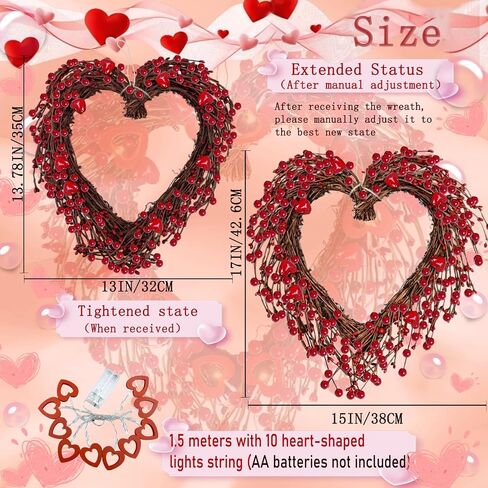 17" Valentines Day Wreaths for Front Door Artificial Red Berries Heart Shaped Wreath with 10 Wooden Heart Lights Valentine's Day Wreath for Wedding Anniversary Party Candlelight Dinner Decorations in Saudi Arabia