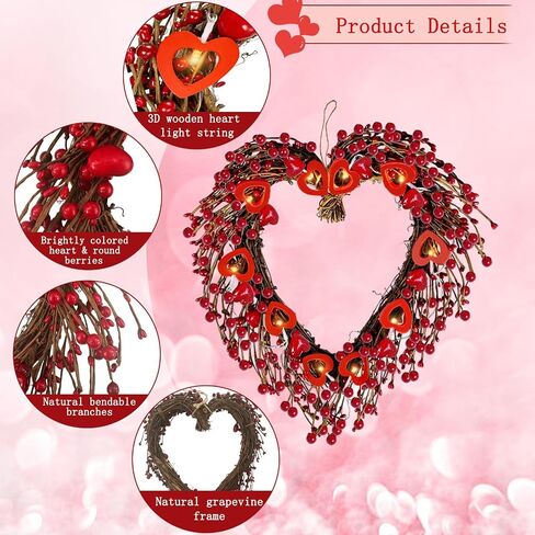 17" Valentines Day Wreaths for Front Door Artificial Red Berries Heart Shaped Wreath with 10 Wooden Heart Lights Valentine's Day Wreath for Wedding Anniversary Party Candlelight Dinner Decorations in Saudi Arabia