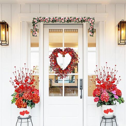 17" Valentines Day Wreaths for Front Door Artificial Red Berries Heart Shaped Wreath with 10 Wooden Heart Lights Valentine's Day Wreath for Wedding Anniversary Party Candlelight Dinner Decorations in Saudi Arabia