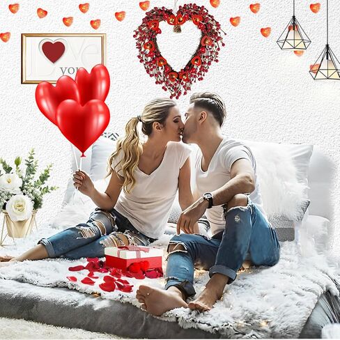 17" Valentines Day Wreaths for Front Door Artificial Red Berries Heart Shaped Wreath with 10 Wooden Heart Lights Valentine's Day Wreath for Wedding Anniversary Party Candlelight Dinner Decorations in Saudi Arabia
