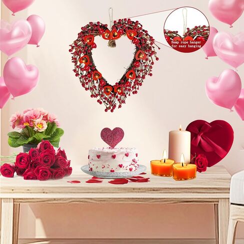 17" Valentines Day Wreaths for Front Door Artificial Red Berries Heart Shaped Wreath with 10 Wooden Heart Lights Valentine's Day Wreath for Wedding Anniversary Party Candlelight Dinner Decorations in Saudi Arabia