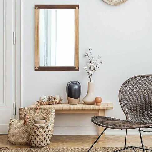 مرآة مستطيلة ريفية من H HOMEWINS، مرايا زخرفية مربعة خشبية مقاس 24 × 36، مرآة ديكور طبيعية مثبتة على الحائط لغرفة النوم والحمام وغرفة المعيشة والغرور in Kuwait