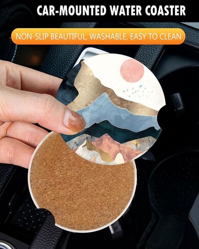 2 Pack Vintage Ceramic Car Coasters 2.56 Inch,Absorbent Car Cup Holder Coaster for Women,Auto Accessories with Finger Notch - Gold Mountain in Saudi Arabia